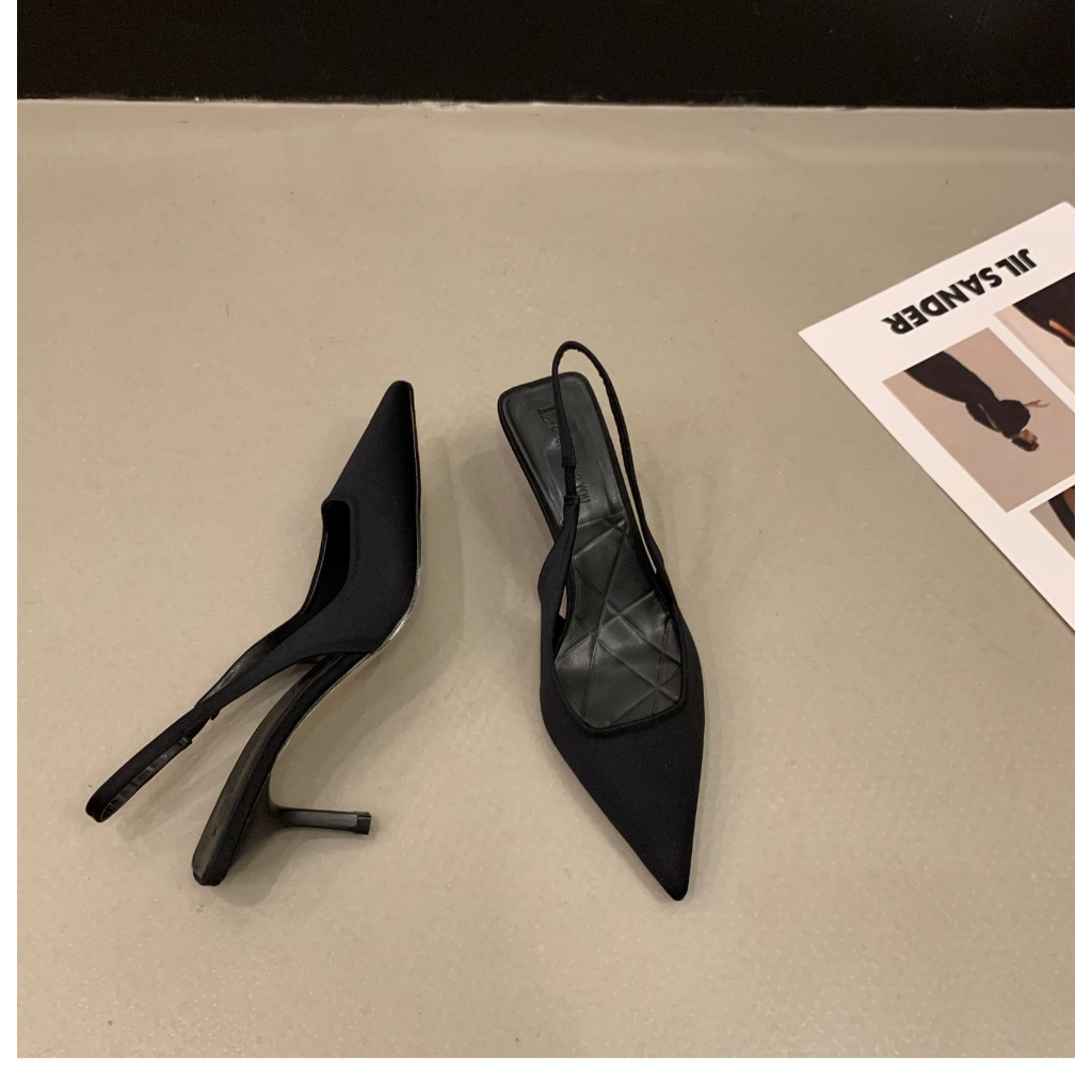 Xăng Đan Cao Gót Mũi Nhọn Vải satin Màu Đen Thời Trang Xuân Hè 2023 Cao Cấp