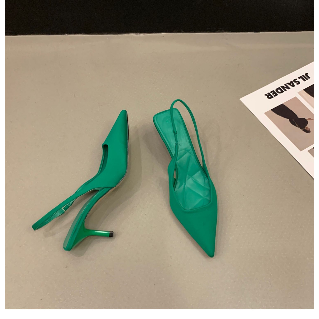 Xăng Đan Cao Gót Mũi Nhọn Vải satin Màu Đen Thời Trang Xuân Hè 2023 Cao Cấp