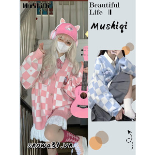 Áo khoác cardigan MUSHIQI mềm tay dài dáng rộng họa tiết kẻ ô hình cún cinnamon