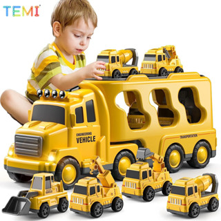 Temi 5 Trong 1 Diecast Carrier Xe Tải Đồ Chơi Gara Ô Tô Di Động Ô Tô Kỹ Thuật Xe Máy Xúc Xe Mô Hình