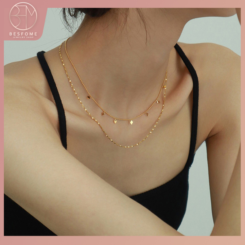 Besfome không xỉn màu 18k mạ vàng vòng cổ bằng thép không gỉ trang sức hai lớp tua sequin chuỗi vòng cổ cho phụ nữ