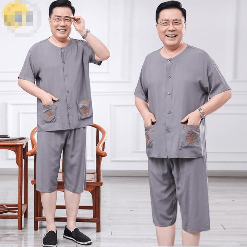 Bộ quần áo mặc ở nhà cotton lụa cho người trung niên và người cao tuổi, áo sơ mi thoáng khí thân thiện với da, mỏng, ngắn tay, dành cho nam, quần short, quần đùi, bộ đồ ông bố