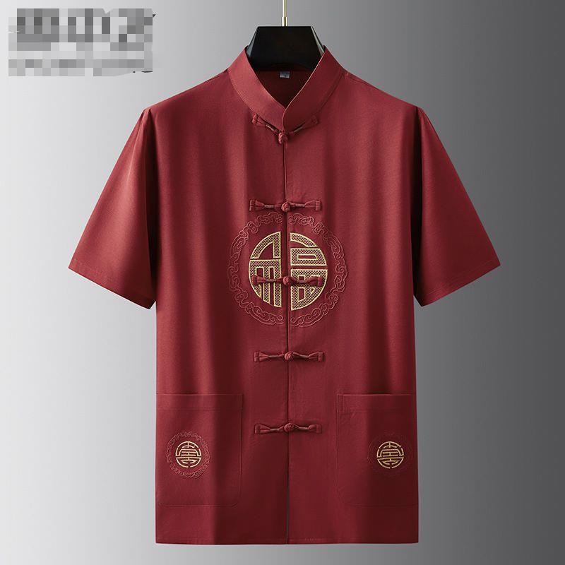 Short-tay tang suit áo sơ mi nam mùa hè mỏng phần mới phong cách trung quốc nút cổ áo da mềm-thân thiện thoáng khí nhanh-khô giản dị lỏng lẻo giữa
