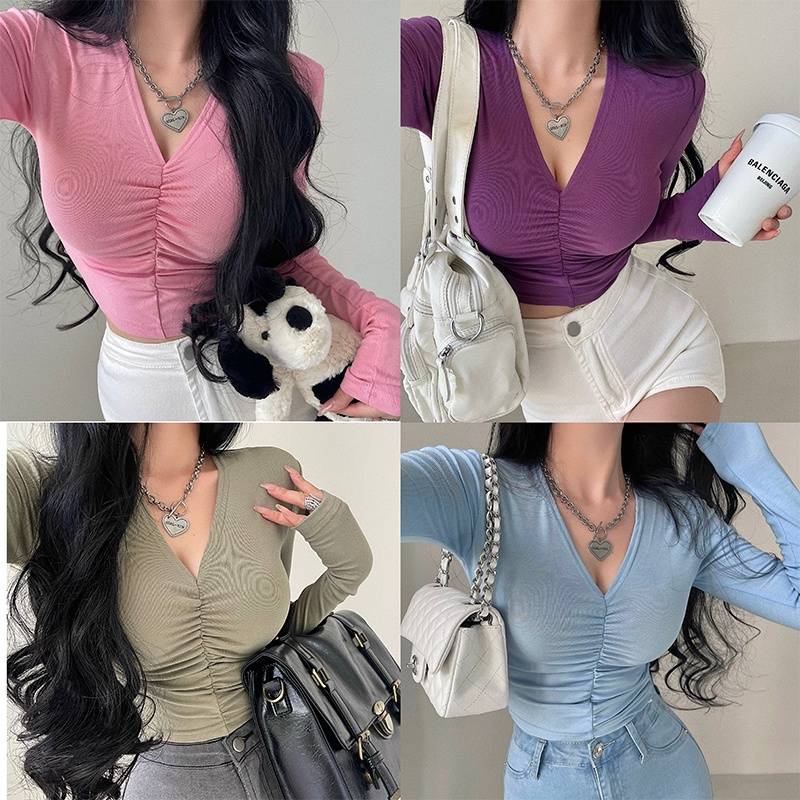Áo Thun Tay Dài Cổ Chữ v Xẻ Sâu Ôm Dáng Quyến Rũ Phong Cách Âu Mỹ Cho Nữ