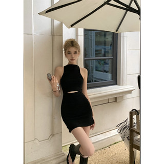 Thiết kế mới cảm giác cổ điển tính khí sexy hot girl openwork váy đen cao cổ