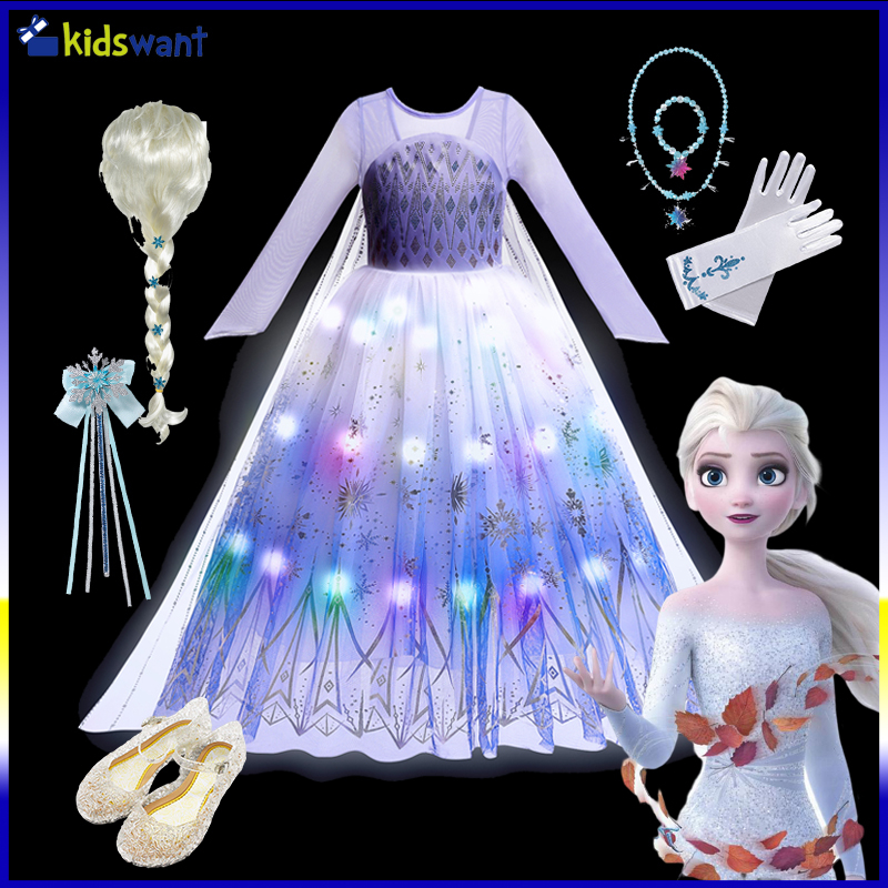 Frozen led light up dress cho bé gái, công chúa elsa e anna váy dạ hội trắng, quần áo lễ hội cosplay cho trẻ em