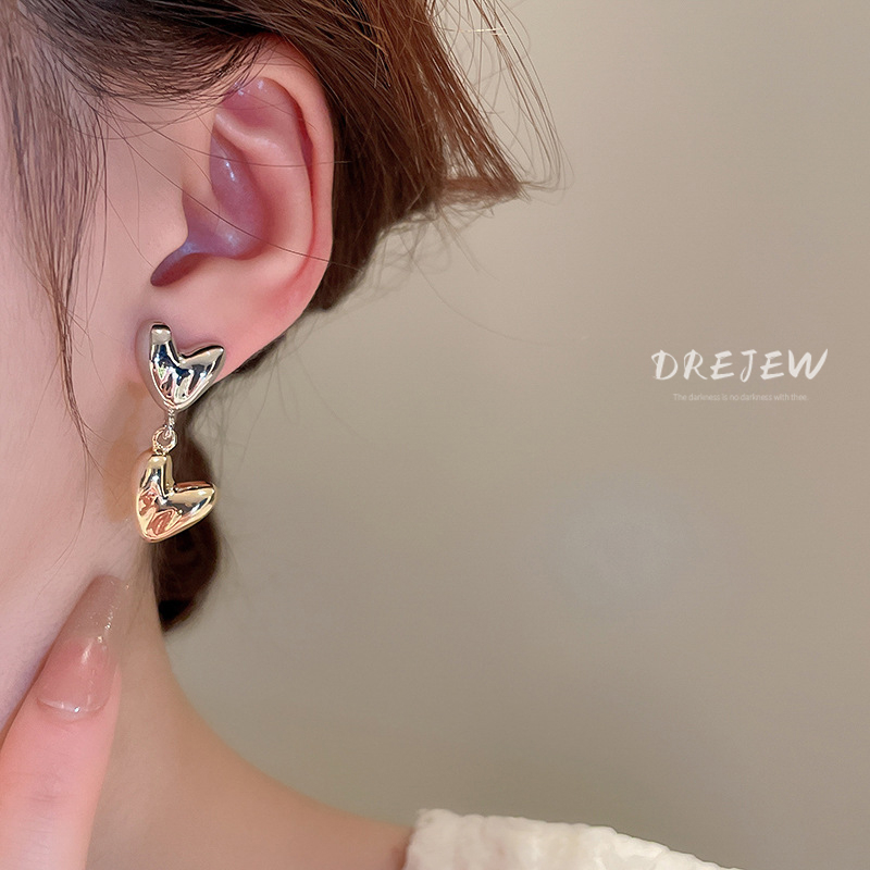 Khuyên tai nữ DREJEW chấu bạc 925 hình trái tim không đối xứng màu sắc tương phản cá tính thời trang không gây dị ứng