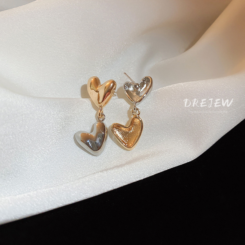 Khuyên tai nữ DREJEW chấu bạc 925 hình trái tim không đối xứng màu sắc tương phản cá tính thời trang không gây dị ứng