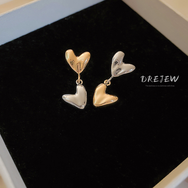 Khuyên tai nữ DREJEW chấu bạc 925 hình trái tim không đối xứng màu sắc tương phản cá tính thời trang không gây dị ứng