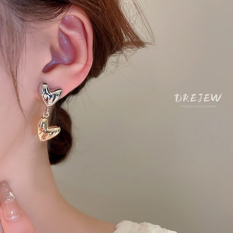 Khuyên tai nữ DREJEW chấu bạc 925 hình trái tim không đối xứng màu sắc tương phản cá tính thời trang không gây dị ứng