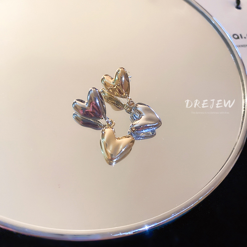 Khuyên tai nữ DREJEW chấu bạc 925 hình trái tim không đối xứng màu sắc tương phản cá tính thời trang không gây dị ứng