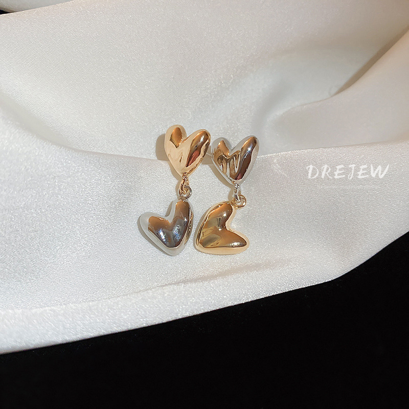 Khuyên tai nữ DREJEW chấu bạc 925 hình trái tim không đối xứng màu sắc tương phản cá tính thời trang không gây dị ứng