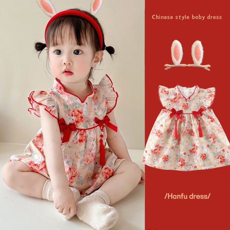 Bé gái mùa hè mới qipao phong cách trung quốc cô gái ăn mặc năm mới thỏ in quần áo trẻ em hanfu