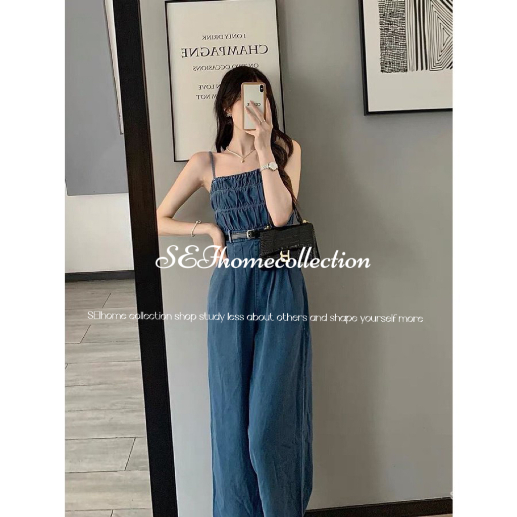 new summer denim suspender jumpsuit women's temperament slimming fashionable fashionable wide leg long jumpsuit