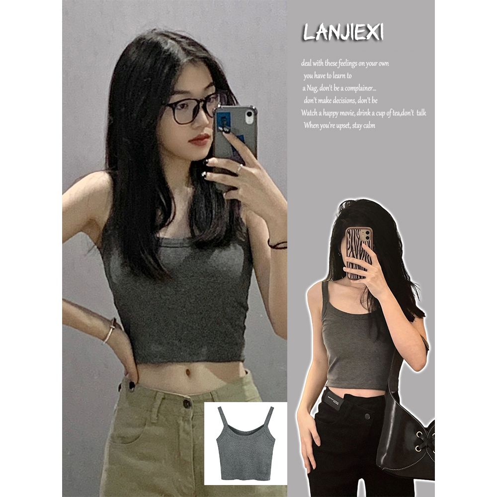 LANJIEXI Áo Croptop Thể Thao Màu Trơn Có Mút Đệm Ngực Thời Trang Mùa Hè Dành Cho Nữ