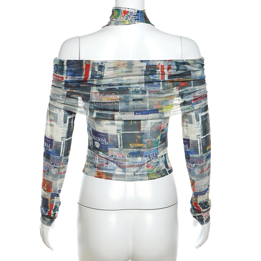 Klalien Áo Croptop Tay Dài Hở Vai Dáng Ôm In Họa Tiết Nhiều Màu Sắc Thời Trang Mùa Thu 2023 Dành Cho Bạn Nữ