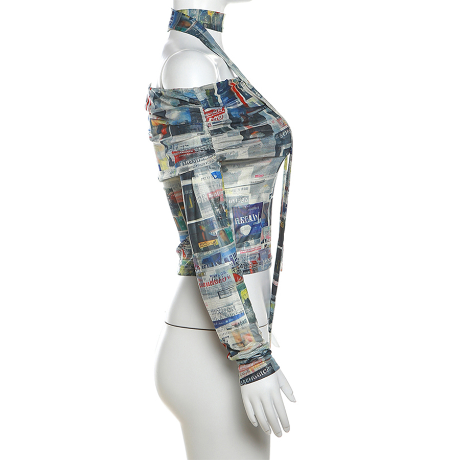 Klalien Áo Croptop Tay Dài Hở Vai Dáng Ôm In Họa Tiết Nhiều Màu Sắc Thời Trang Mùa Thu 2023 Dành Cho Bạn Nữ