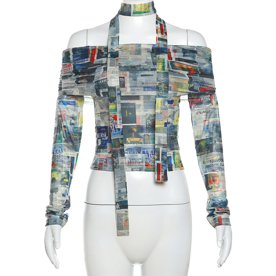 Klalien Áo Croptop Tay Dài Hở Vai Dáng Ôm In Họa Tiết Nhiều Màu Sắc Thời Trang Mùa Thu 2023 Dành Cho Bạn Nữ