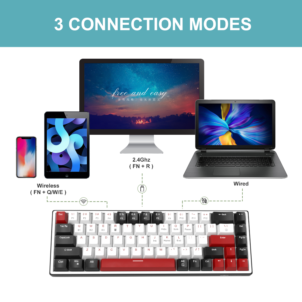 Bàn phím cơ gaming Không dây MageGee Sky68 Bluetooth Blue/Red/Brown Switch 68 phím, có đèn LED, hot-swappable cho máy tính/laptop