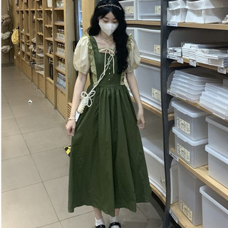 Phong cách rừng váy tình yêu đầu tiên mùa hè cổ vuông váy ngắn tay nữ phong cách đại học phiên bản Hàn Quốc mới eo giảm béo váy dài vừa phải