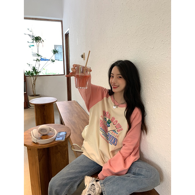 100%Cotton oversize áo nỉ Áo len cổ tròn màu xanh hải quân cho nữ mặc thu đông, phiên bản hàn quốc rộng rãi và đa năng mới, áo len mỏng dài tay nhỏ