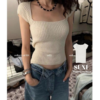 SUXI Áo dệt kim cổ vuông tay ngắn buộc dây hở lưng gợi cảm thời trang mùa hè dành cho nữ