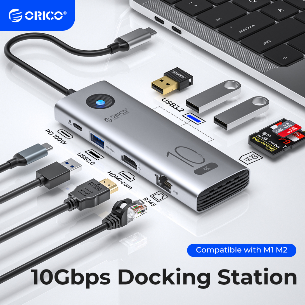 Orico Bộ Chia Cổng usb type c Sang Cổng Đọc Thẻ Nhớ 4k 60hz hdmi usb 3.0 rj45 pd100w Cho macbook pro (cx10)