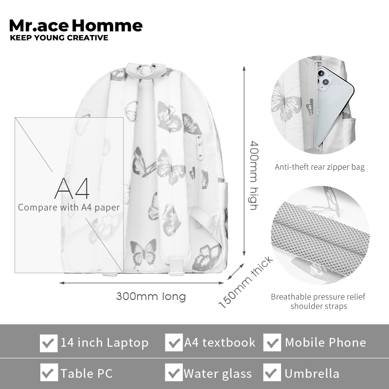 Mr. ace Homme Ba Lô Đi Học Đựng Máy Tính Họa Tiết Bướm Phản Quang Đơn Giản Cho Nữ