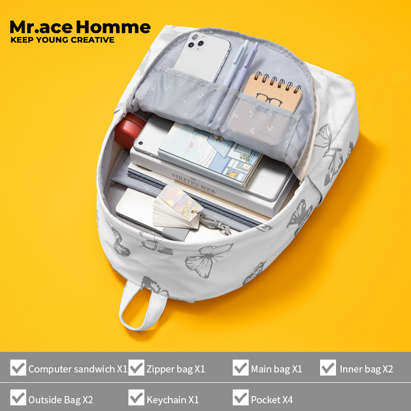 Mr. ace Homme Ba Lô Đi Học Đựng Máy Tính Họa Tiết Bướm Phản Quang Đơn Giản Cho Nữ