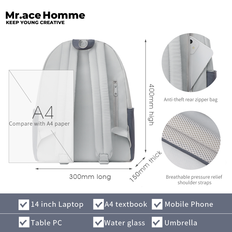 Mr. ace Homme Tro blue series Ba Lô Đi Học Đựng Máy Tính Đơn Giản Mùa Hè Đi Chơi Giải Trí Cho Nam Và Nữ