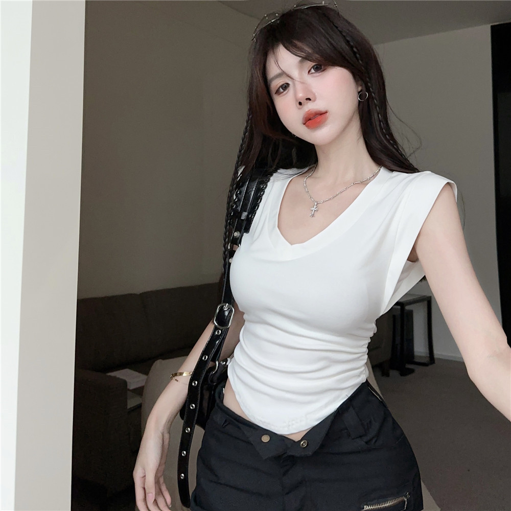 Phiên bản hàn quốc của thời trang sexy spice girl cổ v tay ngắn áo thun nữ thiết kế cảm giác eo kín đầu