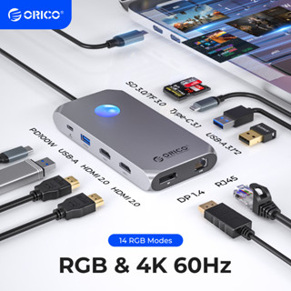 Trạm Docking ORICO RGB USB C với 4K60Hz VGA DP Ethernet tương thích HDMI kép 100W PD Hub SD / TF 3.5mm cho Laptop Macbook Pro