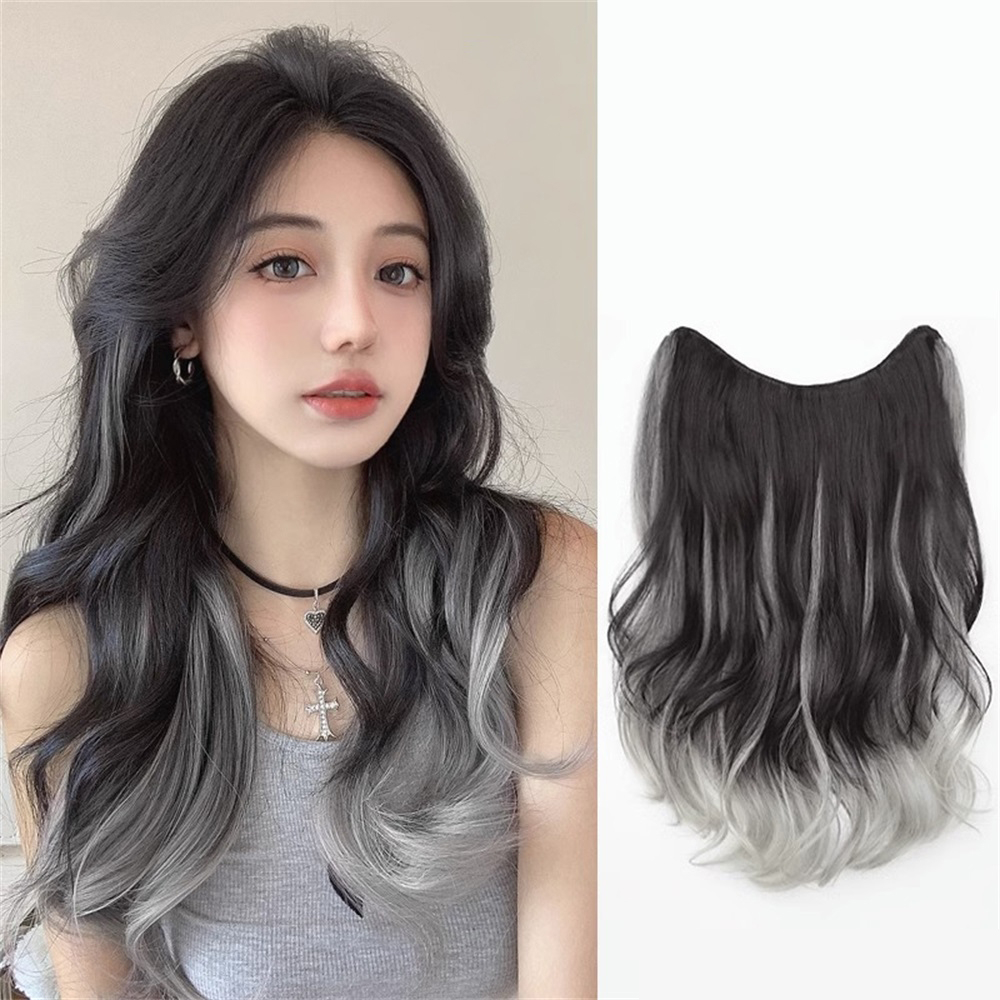 Natural highlight grey pink invisible seamless u-shaped curly wigs women hottie one-piece wavy ponytail hair extension