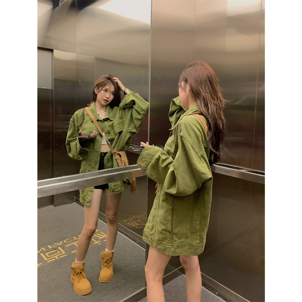 Áo sơ mi denim QOEDDV tay dài dáng rộng dài màu xanh lá thời trang mùa thu retro Hàn Quốc cho nữ