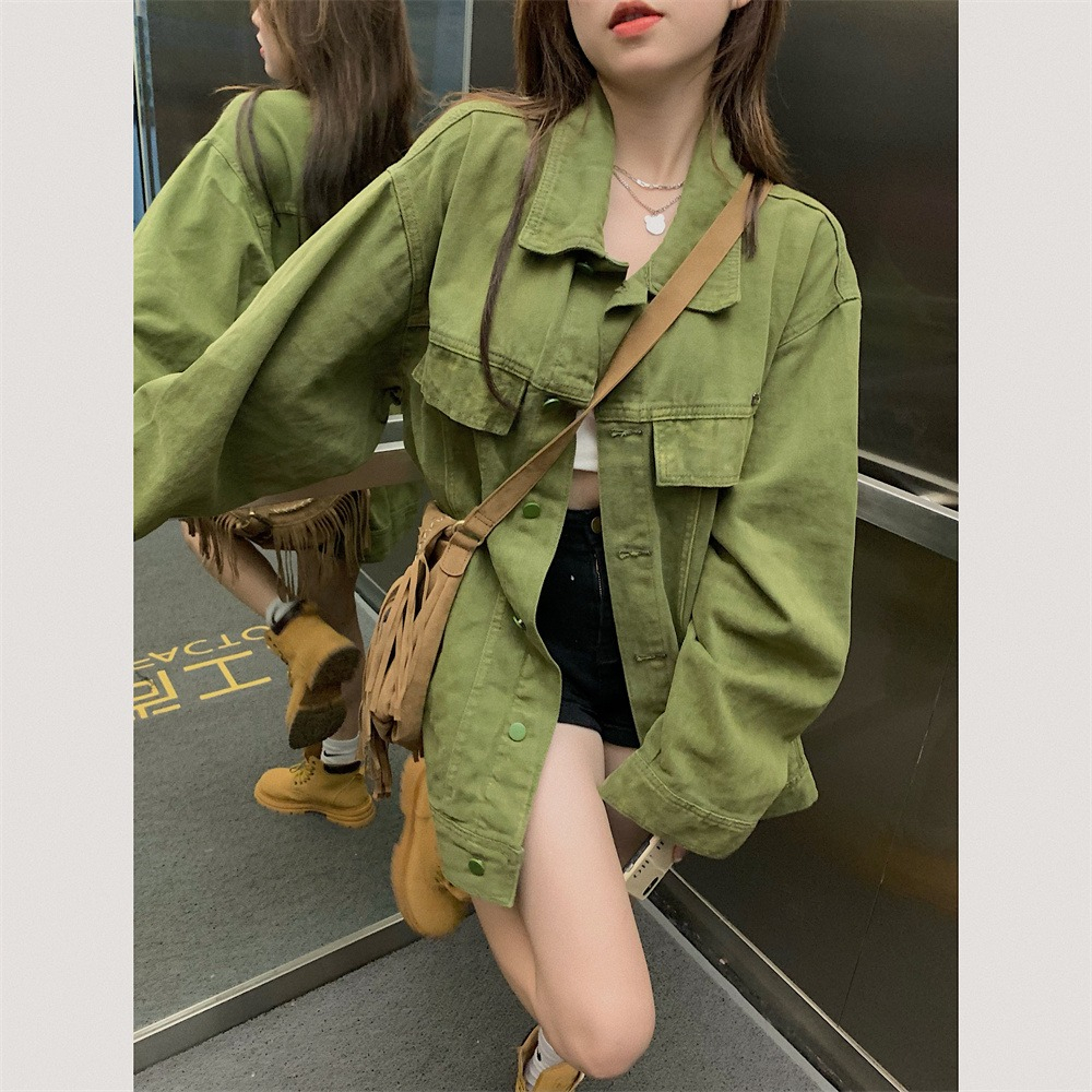 Áo sơ mi denim QOEDDV tay dài dáng rộng dài màu xanh lá thời trang mùa thu retro Hàn Quốc cho nữ