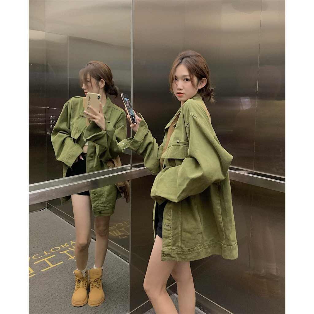 Áo sơ mi denim QOEDDV tay dài dáng rộng dài màu xanh lá thời trang mùa thu retro Hàn Quốc cho nữ