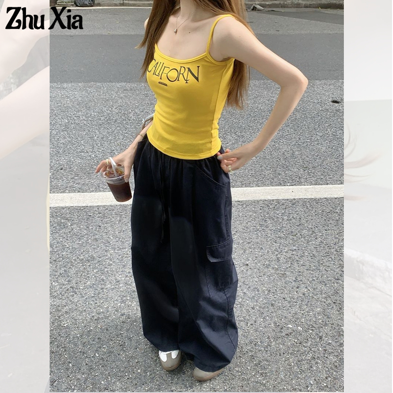 Áo hai dây ZHUXIA không tay dáng ngắn màu vàng phong cách hot girl Mỹ cổ điển cho nữ