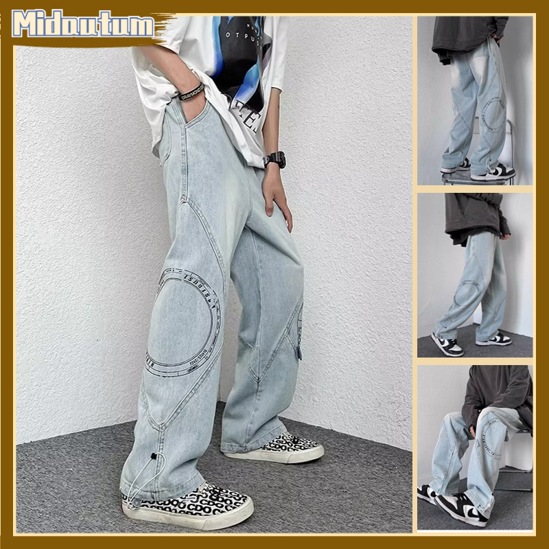 Mới chân thẳng in cá tính quần jean thời trang phong cách mỹ nam quần jean thường chân rộng quần chất lượng cao