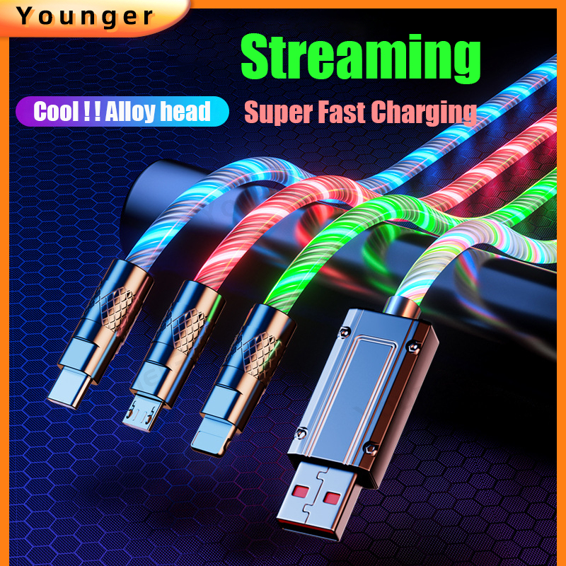 Cáp sạc nhanh phát trực tuyến 100w cáp dữ liệu hợp kim kẽm 6a có đèn báo dây sạc usb có đèn chạy cho ios loại c micro