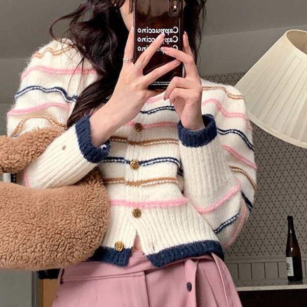 Jiashucheng Áo Khoác Cardigan Dệt Kim Dáng Rộng Họa Tiết Kẻ Sọc Phong Cách Chanel Thời Trang Thu Đông Hàn Quốc Cho Nữ
