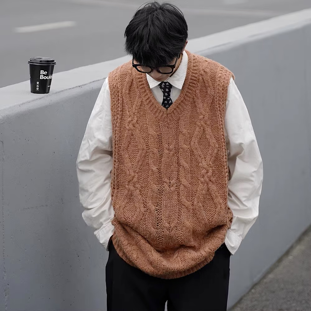 Bossyhome Áo sweater Dệt Kim Sát Nách Dáng Rộng Cổ v Xoắn Cá Tính Cho Nam