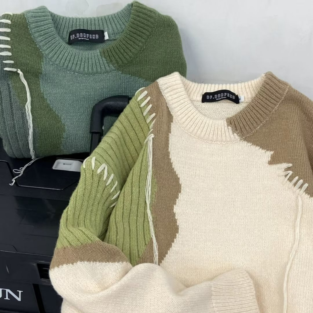 Yazhiniao Áo sweater Dệt Kim Thêu Hình Gấu Phối Màu Tương Phản Phong Cách harajuku Mỹ Cho Cặp Đôi