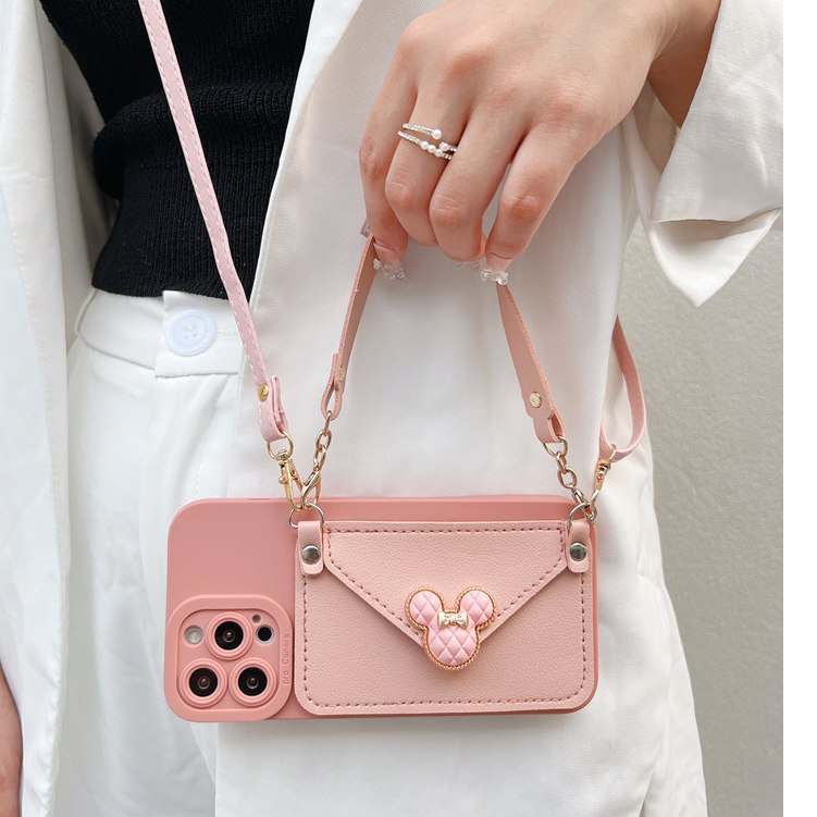 Ví đeo đầu mickey màu hồng dễ thương có dây tương thích cho iphone 12 pro max 11 pro max xs max xr x 13promax 14 pro max 14 plus bao da đẹp bao đựng điện thoại mềm