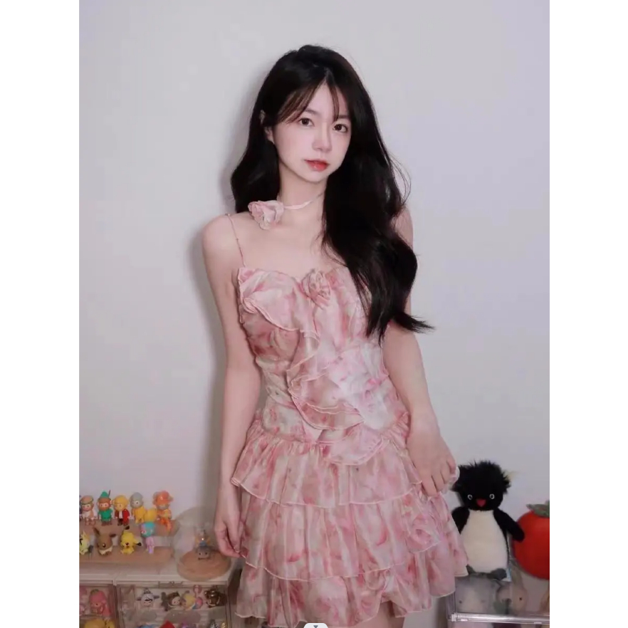 Váy váy ngắn váy dài Đầm Ngắn Hai Dây Dáng Chữ a In Hoa Phong Cách Công Chúa Pháp Thời Trang Mùa Hè Mới Cho Nữ