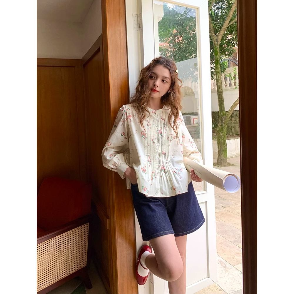 Áo Sơ Mi Tay Phồng Dáng Rộng Xếp Ly In Hoa Kiểu Retro Pháp Thời Trang Mùa Xuân Cho Bé