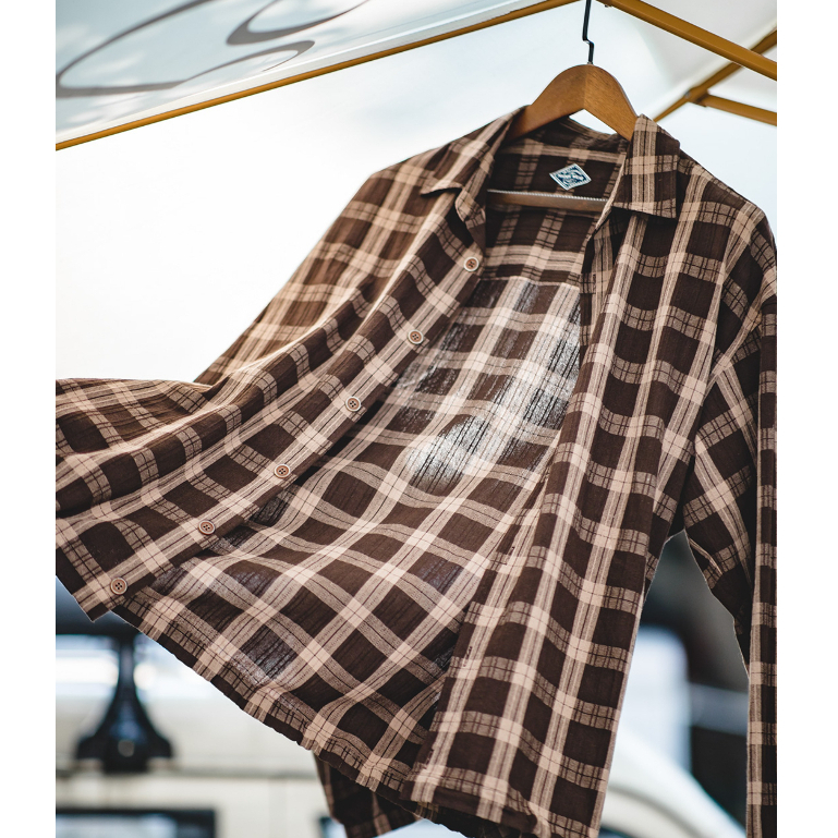 Áo Sơ Mi Tay Dài Dáng Rộng Sọc Ca Rô Màu Cà Phê Phối Dây Rút Thời Trang Retro Nhật Bản Cá Tính Cho
