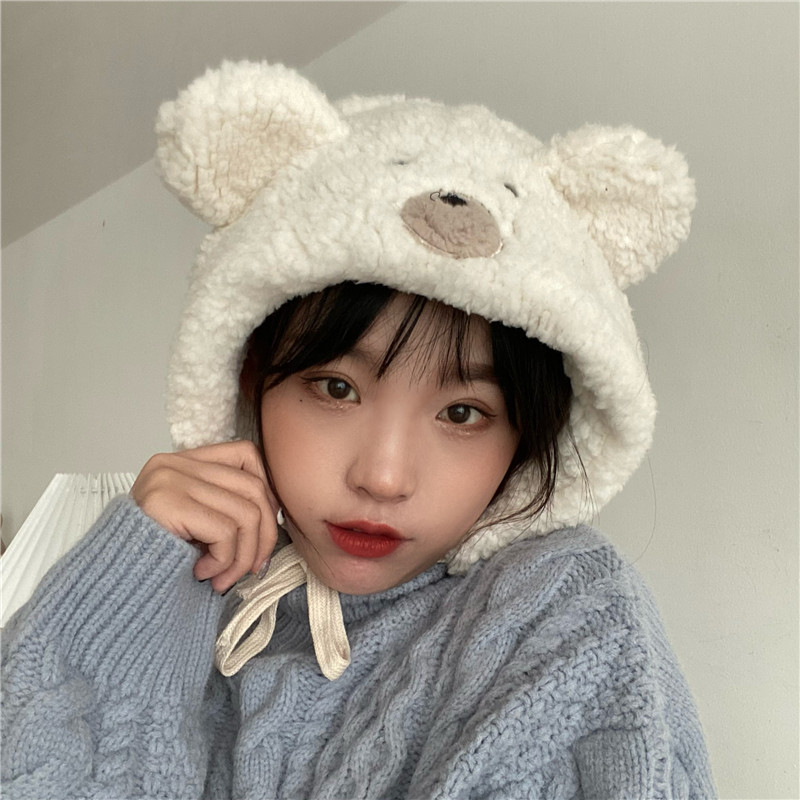 Mũ Nhung Lông Cừu Thêu Hình Gấu Nhật Bản Dễ Thương Bảo Vệ Tai Chống Đóng Băng Thời Trang Thu Đông