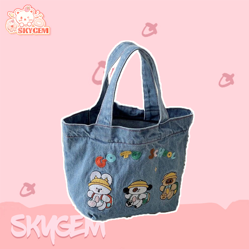 Túi tote Vải denim Cỡ Lớn Thêu Họa Tiết Hoạt Hình Nhật Bản Dễ Thương Cho Học Sinh