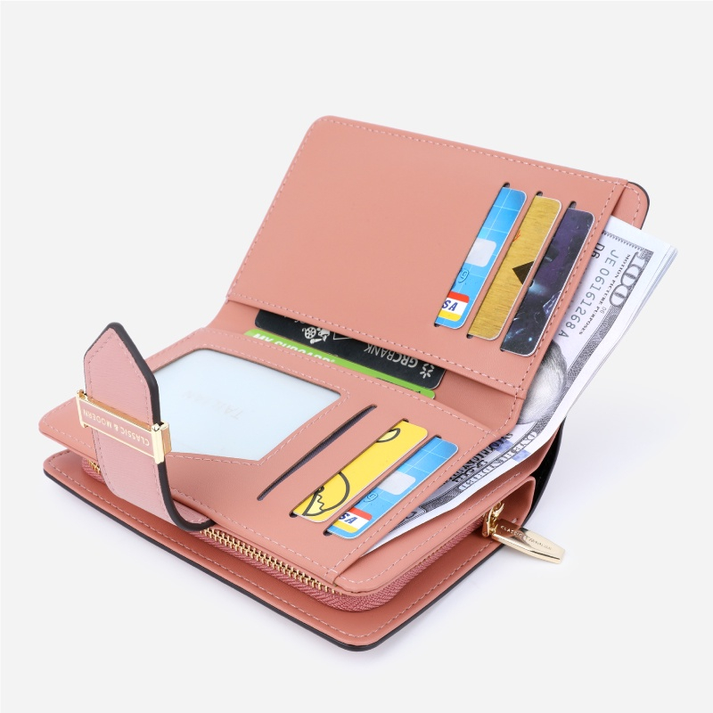 Ví Gấp Màu Trơn Có Dây Kéo Sức Chứa Lớn Cho Nữ