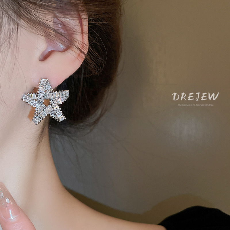 Khuyên tai DREJEW kim bạc 925 mặt hình ngôi sao năm cánh cao cấp không gây dị ứng
